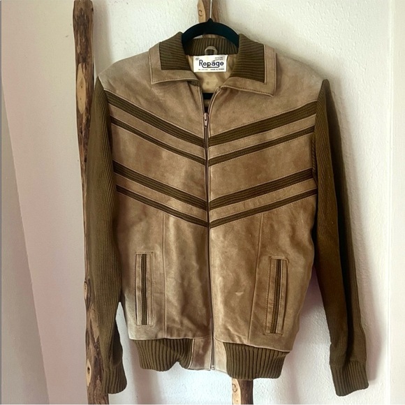 Vintage Suede Leather Mixed Knit Two-Tone Bomber Jacket Men